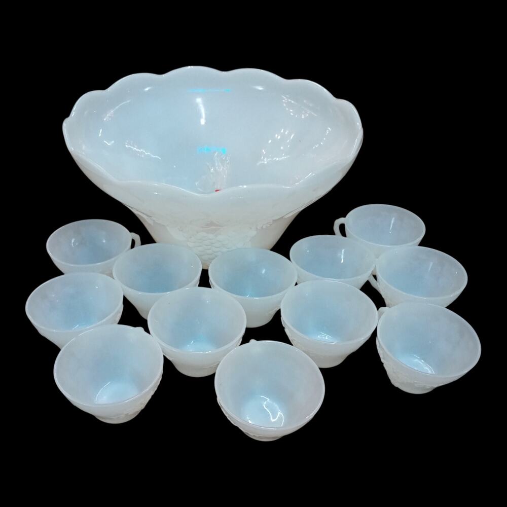 Anchor Hocking Milk Glass Harvest Grape Punch Bowl w/ 12 Matching Cups & Hooks